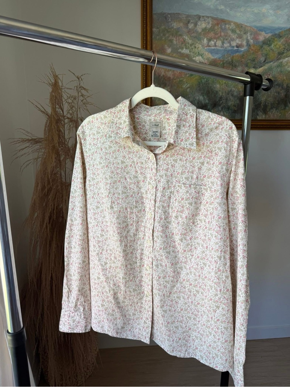 L.L. Bean Pink and Cream Floral Button-Up Blouse